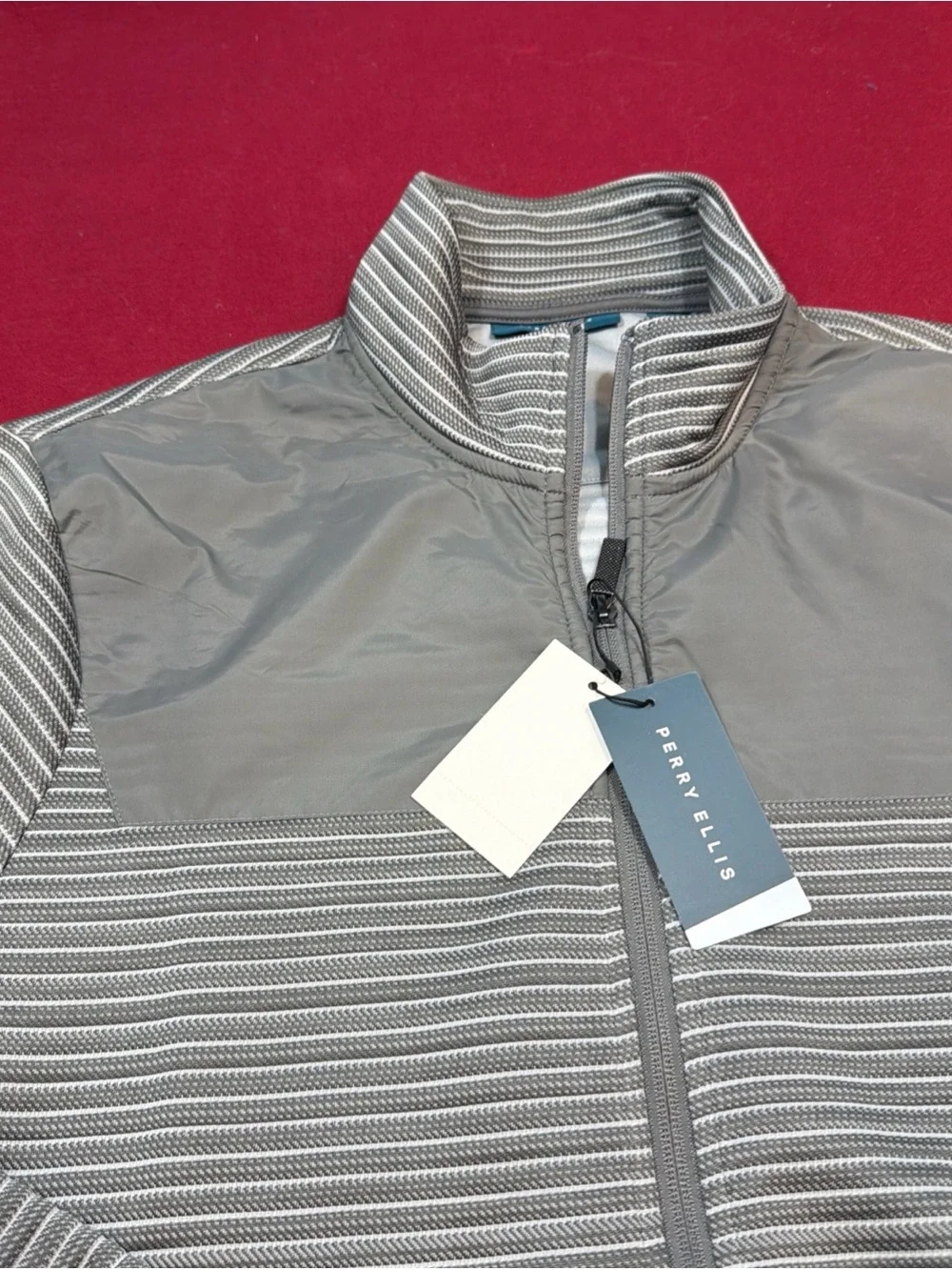 Perry Ellis NEW Men's L Gray striped Ribbed Full Zip Jacket Light Weight Pockets